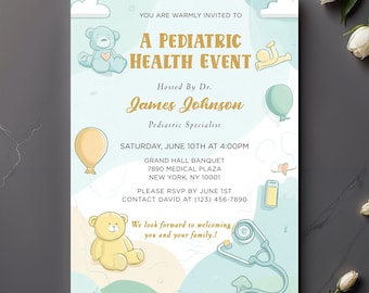 A Pediatric Health Event Invitation Template, Children's Doctor Party Invite, Editable Kids Medical Card, Digital Download