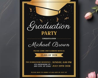 Black Gold Graduation Party Invitation, Elegant Grad Party Invite, Printable Editable Card