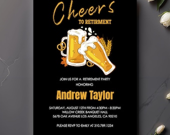 Cheers to Retirement Invitation: Beer Bash, Golden Years Theme (Editable and Printable)
