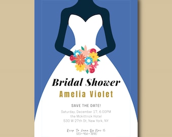 Bridal Shower Invitation, Blue Bride Silhouette Floral Bouquet Card, Printable Editable