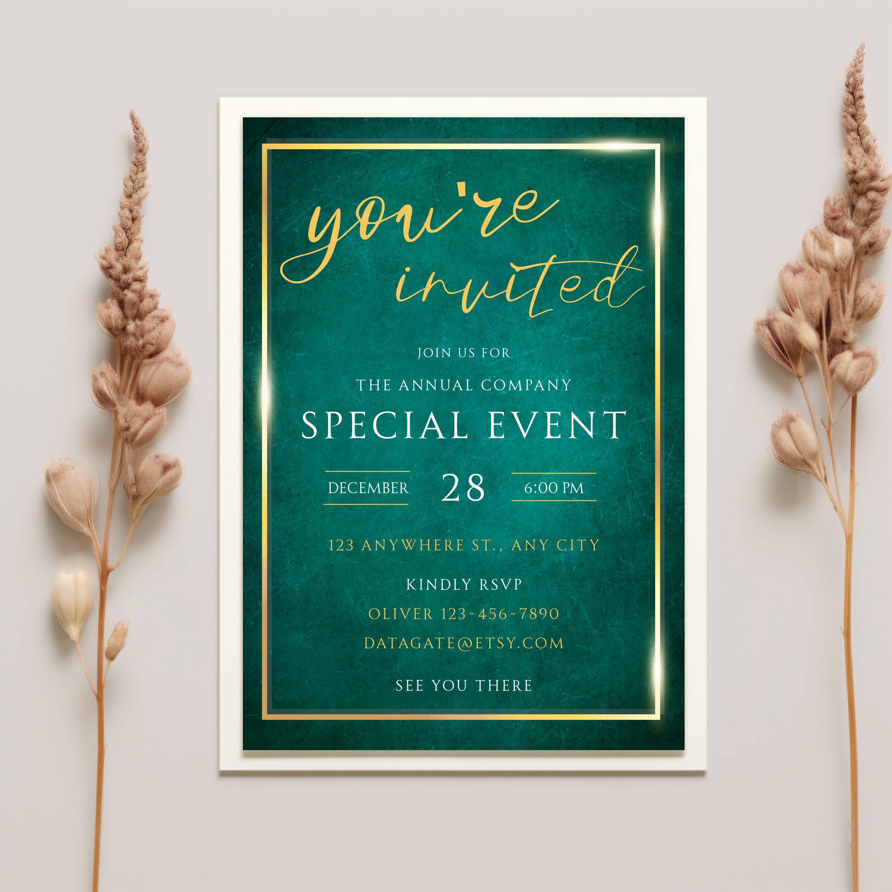 Emerald Green Gala Invitation, Gold Corporate Event (DIY Template