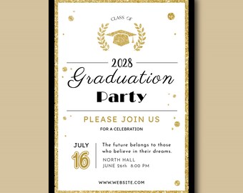 Gold Glitter Graduation Party Invitation, White Gold Grad Invite, Printable Editable Card