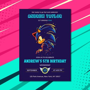 Neon Sonic Geburtstagseinladung, Sonic Rush Vorlage, Geschwindigkeit Heldenkarte, Glow Up Geburtstag einladen, Manga Evite, bearbeitbar und druckbar