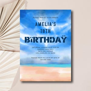 Invitación de cumpleaños con ambiente playero, invitación con horizonte azul, plantilla con temática de olas tropicales, tarjeta de celebración junto al mar, descarga instantánea