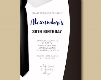 Men's Birthday Party Invitation, Black Suit Tie Milestone Bday Invite, Printable Card
