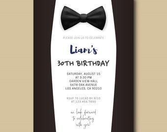 Men's Birthday Party Invitation, Black Tuxedo Bow Tie Milestone Bday Card, Printable