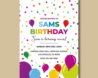 Rainbow Balloon Birthday Invitation: Editable Color Pop Party Invite (5x7 in) (Digital Download)