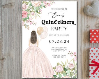 Princess Quinceañera Invitation Template: Green Leaves & Pink Flowers (Printable Editable Evite)