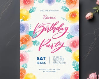 Watercolor Floral Birthday Invitation: Elegant Garden Party Template (DIY)