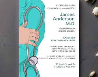 Doctor Celebration Card | Doctor’s Journey Invitation Announcement | Medical Graduate Party Invite | Scrubs & Stethoscope Template