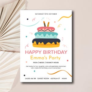 Convite de aniversário - Bolo colorido, convite para festa de feliz aniversário, cartão de comemoração de desenho animado divertido e brincalhão, modelo para download instantâneo