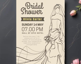 Bridal Shower Invitation, Vintage Bride Line Art Invite, Elegant Printable Editable Card