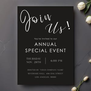 Modelo de convite formal para evento empresarial | Design minimalista preto elegante para eventos especiais anuais e convites corporativos