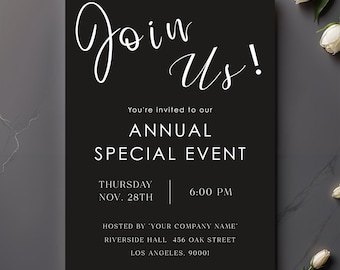 Elegant Black Event Invitation Template: Minimalist Corporate Design (Digital Download)