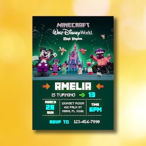Faire-part d'anniversaire Minecraft x Royaume magique Disney | Modèle d'invitation à une fête pixel, carte du château de rêve, modèle d'évitement Block Kingdom