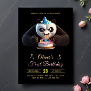 Invitación de cumpleaños editable de panda de dibujos animados / Linda tarjeta imprimible para fiesta infantil / Plantilla de descarga instantánea