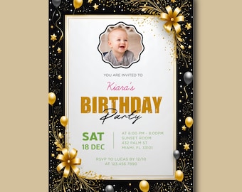 Luxury Gold Birthday Card,Golden Glam Invitation,Black And Gold Celebration Invite,Elegant Luxe Party Template,Royal Glow Evite