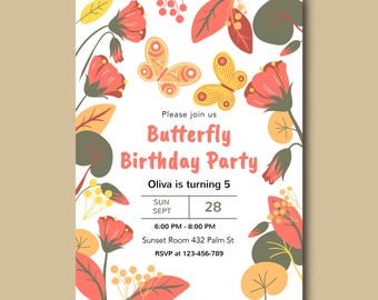 Butterfly Flower Birthday Invitation Card | Elegant Floral Party Invite | Printable Birthday Template
