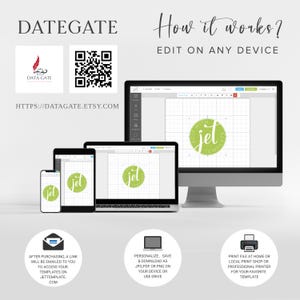 May include: A mockup of a computer screen, tablet, and phone showing a green circle with the word "jet" in white text. The text "How it works? EDIT ON ANY DEVICE" is above the mockup. The text "DATEGATE" is in the top left corner of the image. Below the mockup, there are three icons: an envelope, a computer, and a printer. The text below the icons describes the steps for using the product.
