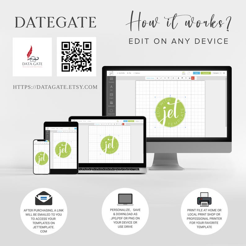 May include: A mockup of a computer screen, tablet, and phone showing a green circle with the word "jet" in white text. The text "How it works? EDIT ON ANY DEVICE" is above the mockup. The text "DATEGATE" is in the top left corner of the image. Below the mockup, there are three icons: an envelope, a computer, and a printer. The text below the icons describes the steps for using the product.