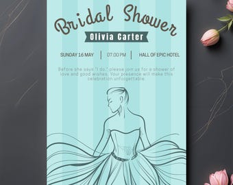 Mint Green Bridal Shower Invitation, Line Art Bride Sketch Card, Printable Editable Invite