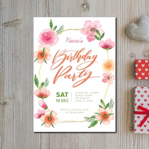 Convite de aniversário floral em aquarela, convite elegante para festa no jardim, cartão Blush Bloom, modelo de flor de primavera, convite de festa floral em aquarela