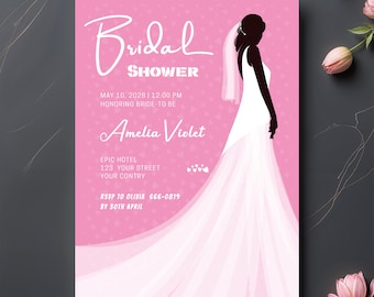Pink Bridal Shower Invitation, Bride Silhouette Wedding Card, Printable Editable Invite