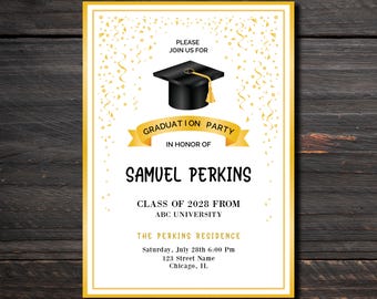 White Gold Graduation Party Invitation, Black Cap Confetti Grad Invite, Printable Card