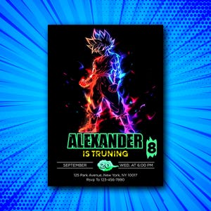 Bearbeitbare Anime Held Geburtstagseinladung | Glow Hair Power Vorlage für Kinderparty | Personalisierte Einladungskarte | Für Kinderparty