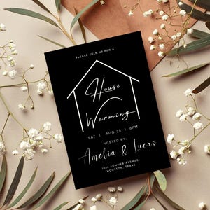 Sjabloon housewarmingsuitnodiging | Minimalistische zwart-witte uitnodigingskaart voor feest | Modern huis welkom ontwerp | Bewerkbaar en afdrukbaar