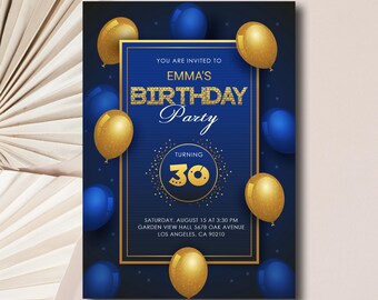 Royal Blue Birthday Invitation: Golden Glam Template (Editable, Printable)