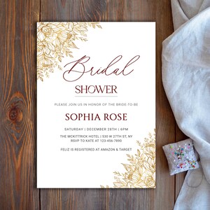 Plantilla de invitación para despedida de soltera dorada, elegante invitación con flores doradas, sofisticada tarjeta nupcial con flores, diseño de celebración floral atemporal