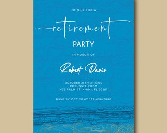 Ocean Blue Minimalist Retirement Party Invitation Template | Elegant Farewell Invite | Printable Party Card