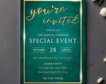 Emerald Green Gala Invitation, Gold Corporate Event (DIY Template)