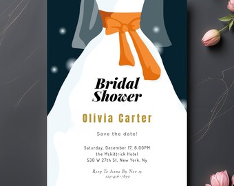 Bridal Shower Invitation, Wedding Dress Orange Sash Invite, Navy Elegant Printable Card