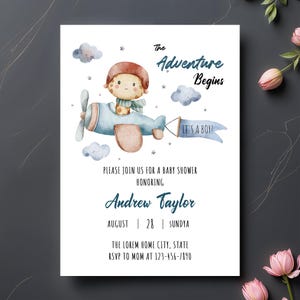 Bearbeitbares Aquarell Flugzeug-Geburtstagseinladung | Niedliche Kinderparty Karte | Druckbare Instant Download