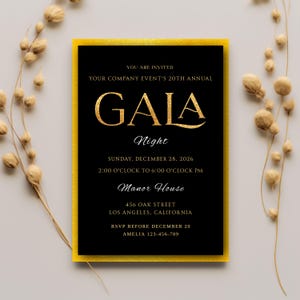 Convite de Gala Dourado, Convite Preto e Dourado de Luxo, Modelo Elegante de Evento Empresarial, Cartão Evite de Prestígio para Noite de Gala Opulenta