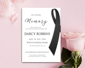 Black Mourning Ribbon Funeral Invitation Template (Digital Download)