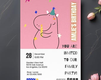 Cartoon Hippo Birthday Invitation Template: Pink Party Card (Editable & Printable)