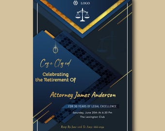 Lawyer Retirement Party Invitation, Navy Gold Attorney Retire Invite, Printable Editable Card