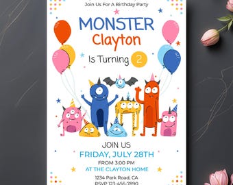 Monster Party Invitation Template: Funny Kids Birthday Evite (DIY Editable Digital Download 5x7 in )