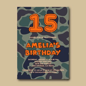 Modèle d'anniversaire d'aventure, carte de fête camouflage, invitation de style armée, invitation d'aventure en plein air, invitation à une fête tactique, modifiable et imprimable