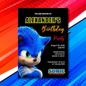 Invito di compleanno classico di Sonic, modello Sonic Vibes, biglietto Hero Speed, invito Cool Blue, invito Manga, modificabile e stampabile