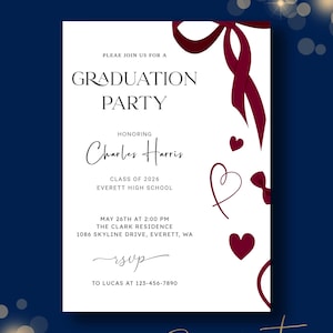 Invitación para fiesta de graduación / Anuncio de graduación con lazo rojo, plantilla personalizada, tarjeta moderna y sencilla, invitación perfecta para ella