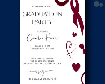 Red Bow Graduation Party Invitation: Modern Simple Template (DIY)