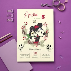 Minnie Mouse Geburtstagseinladung, Vintage Minnie-Karte, Urlaub Magic Party einladen, Geschenk für sie, personalisierte Geschenke, bearbeitbar und druckbar