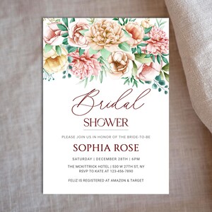 Faire-part de douche nuptiale bonheur floral, carte de mariée élégance rustique, invitation douce et gracieuse de pivoine, conception de douche d'automne romantique, célébration de la floraison