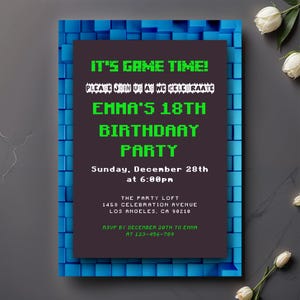 Cartão de aniversário retrô para gamer, convite para festa em pixel, modelo em estilo pixel, convite para missão de jogo, convite EVITE de 8 bits, editável e imprimível
