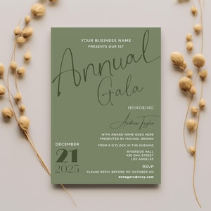 Convite para jantar de gala verde, convite para evento de aniversário, modelo de cartão de gala formal, editável e imprimível