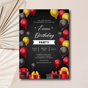 Luxus-Ballons-Geburtstagseinladung, elegante Schwarz-Gold-Einladung, glamouröse Feier-Karte, schicke Noir-Geburtstagsvorlage